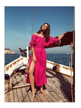 Sundress Paula Sun Cut Maxi Dress Pink Gold Off Shoulder Boho Size S